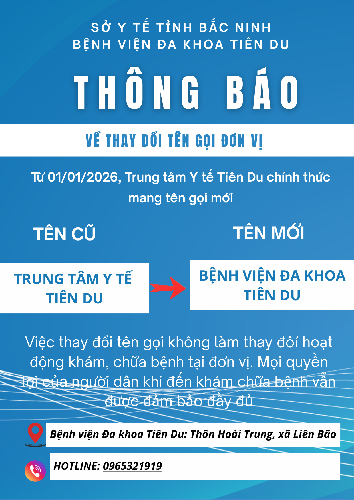 Từ ngày 01/01/2026, đổi tên Trung tâm Y tế Tiên Du thành Bệnh viện Đa khoa Tiên Du